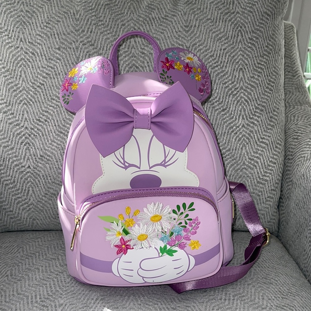 NEW Springtime Floral Minnie Loungefly in shades of purple. Perfect for parks!